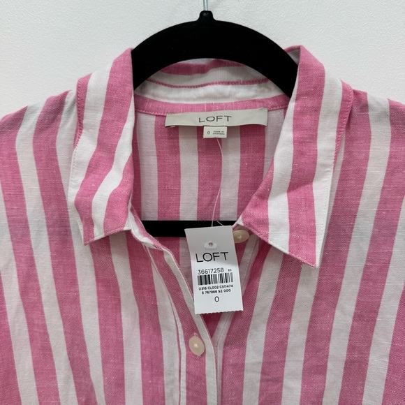 LOFT Striped Tie Waist Midi Shirtdress Poppy Linen blend Sz 0 New with tags - Picture 4 of 9